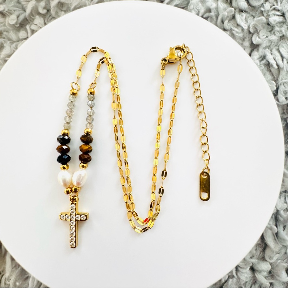 Elegant 18K Gold Plated brown and gray beads with cross women’s necklace. New